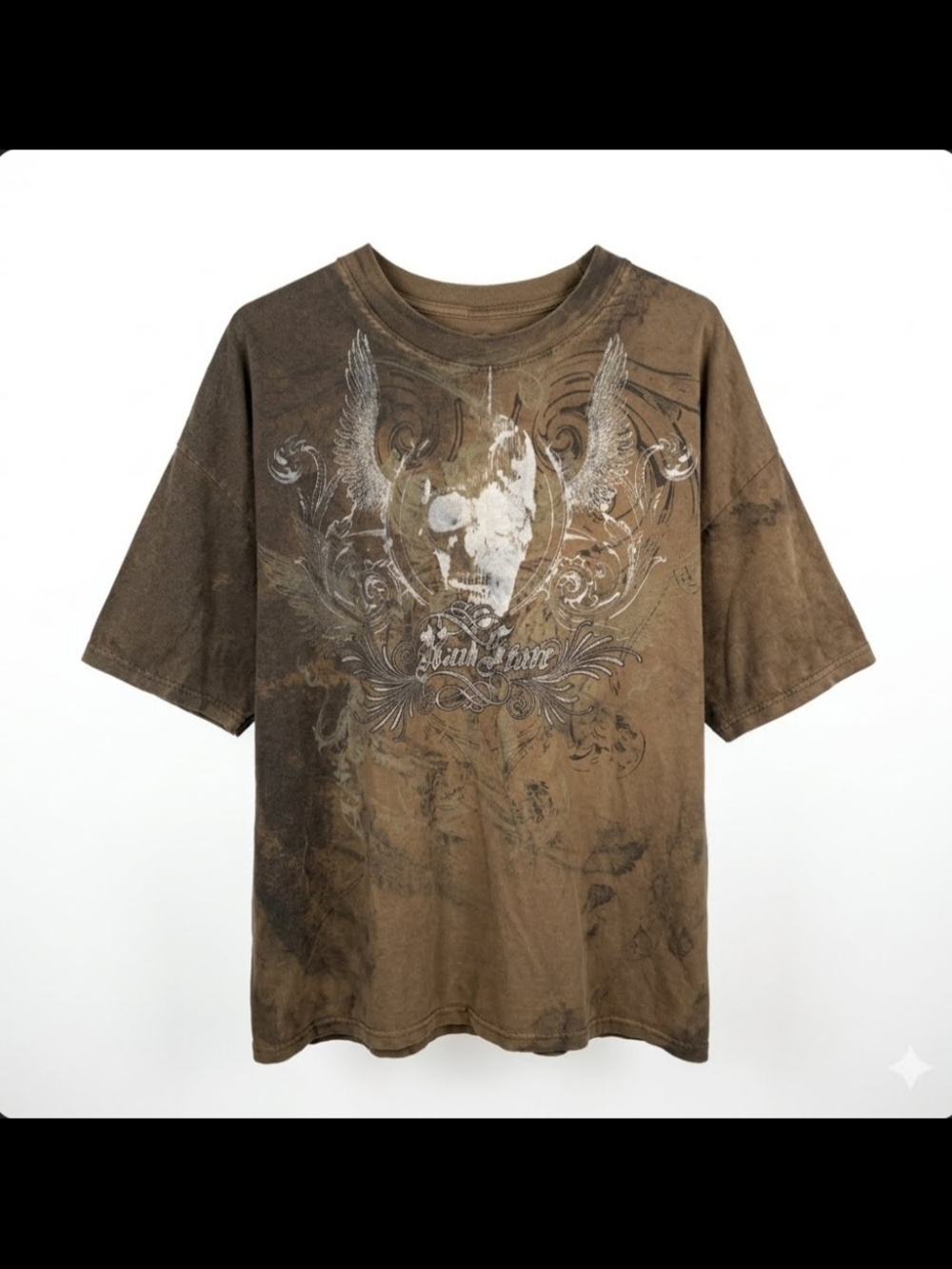 Raw State Y2K Brown Distressed Winged Skull Graphic Tee XXL Mall Goth Grunge